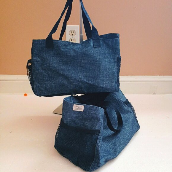 Thirty-One Canvas Lunch Tote Set of 2 Blue with Mesh Side Pockets - Picture 1 of 8